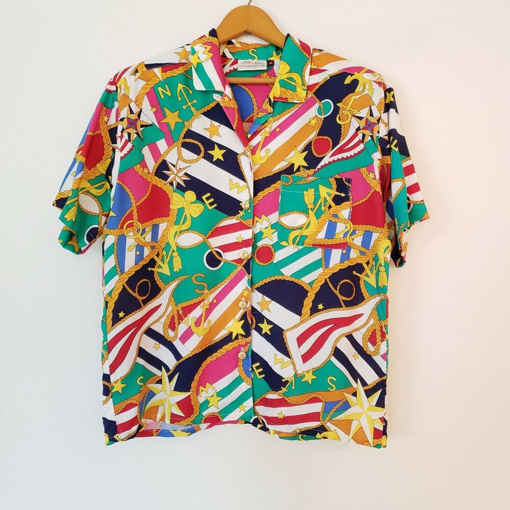 Vintage 80s Rayon Short Sleeve Button Down Psychedelic Nautical Gold Buttons 10